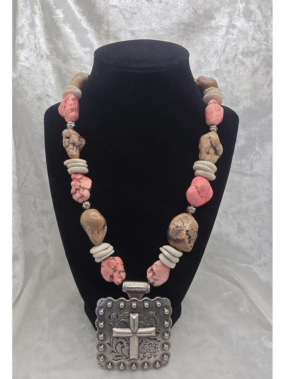 Southwestern Cross Necklace Pink Howlite Magnesite Western Beaded Statement